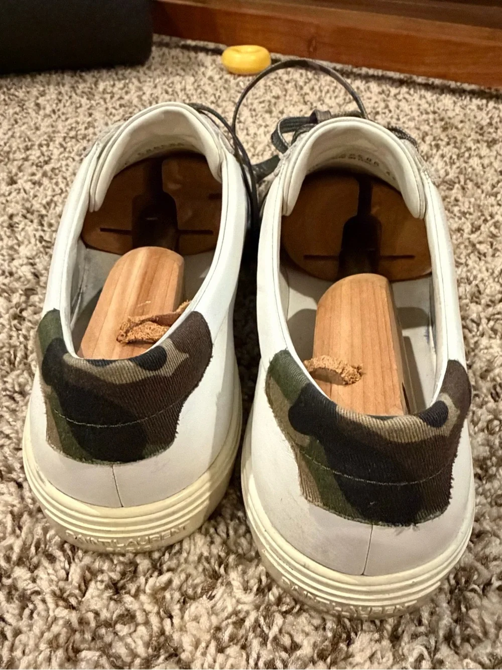 Saint Laurent White Leather Sneakers with Black Camouflage Laces